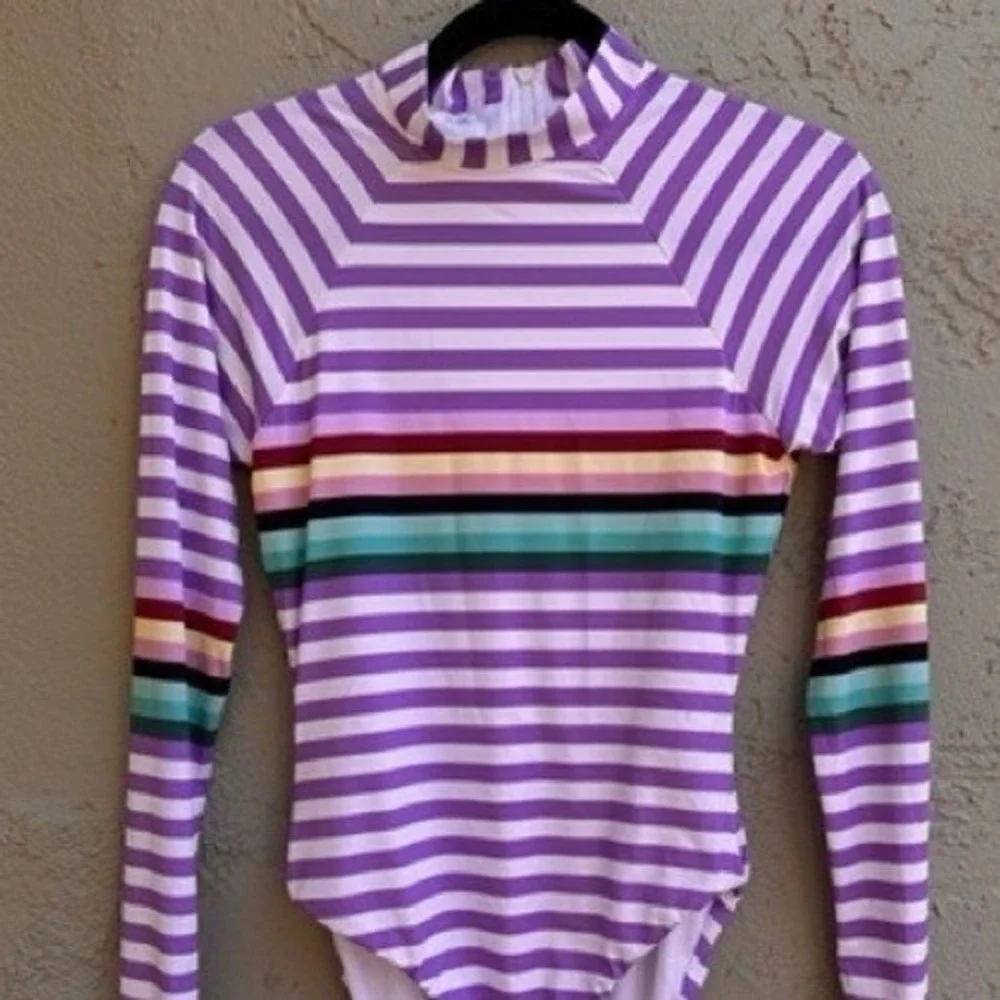 Bikini Lab NEW Purple Striped Long Sleeve One Piece Swimsuit Rash Guard MEDIUM